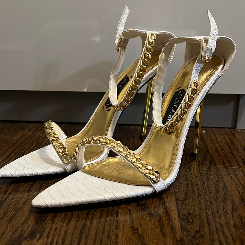 White Patent Leather Snake Print Open Toe Heel